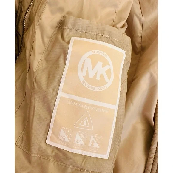 Michael Kors Faux Fur Trim Hooded Puffer Coat / Jacket Size Small Tan. - Picture 9 of 12